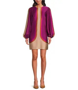 Elm Printed Satin Crew Neck Long Balloon Sleeve Dress | Dillard's