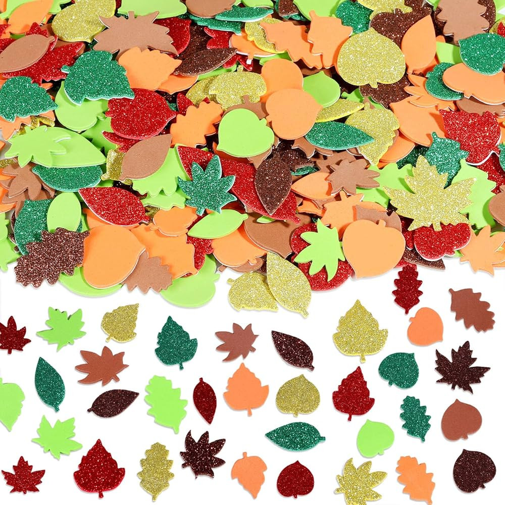 300 PCS Autumn Thanksgiving Fall Leaf Foam Sticker, Self Adhesive Foam Stickers, Glitter Maple Le... | Amazon (US)