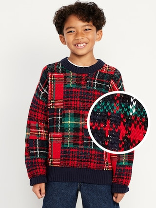 Oversized Plaid Crew-Neck Sweater for Boys | Old Navy (US)