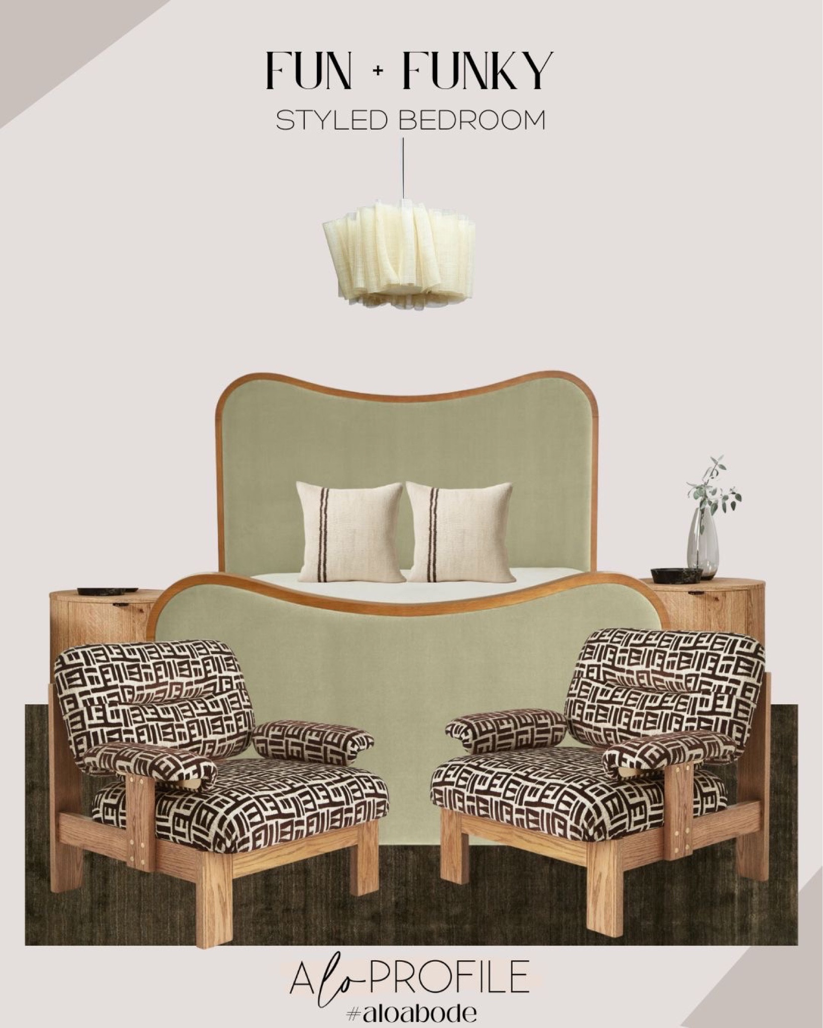Bedroom Decor // funky furniture, accent chairs, vintage chairs, curved bedframe, green bedroom furniture, linen penant light, minimal nightstands, round nightstands, soho home furniture, pierre frey furniture, cb2 pillows, funky bedroom decor, 70s inspired decor, olive green furniture, green decor

#LTKhome