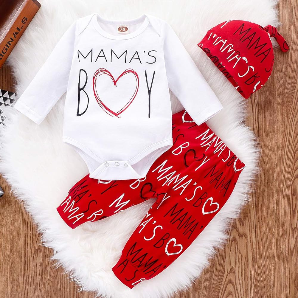 Baby Boy Clothes Valentine's Day Outfits Long Sleeve Letter Print Romper Pants Set with Hat | Amazon (US)