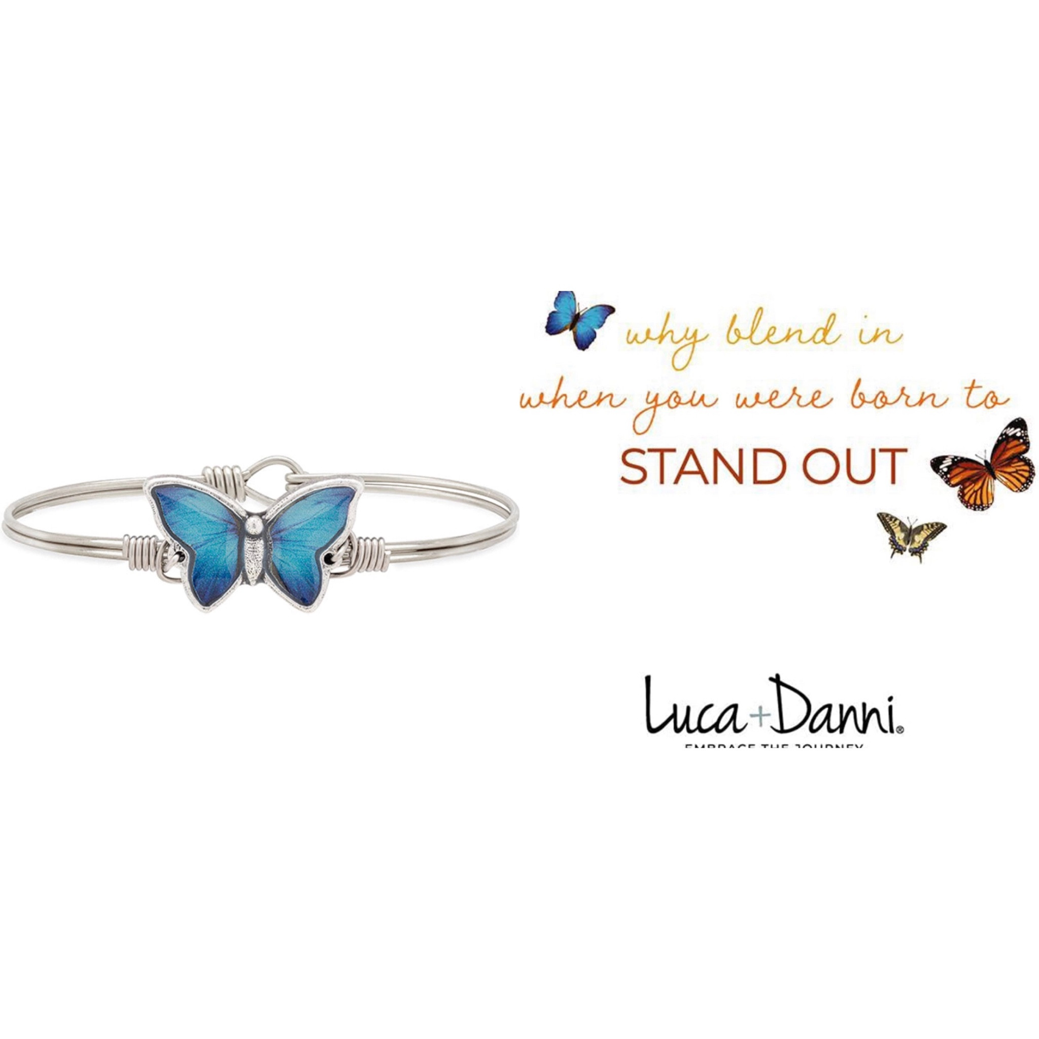 Luca + Danni Blue Morpho Butterfly Bangle Bracelet. Change can be beautiful, even when it’s out of the blue. This handcrafted Blue Morpho Butterfly Bracelet celebrates the significance of a blue butterfly in many cultures: conveying honor, joy, acceptance, exuberant energy and transformation, to name a few. Here, its distinctive pattern is vividly printed and encased within a handcrafted open-wing setting.

#lucaanddanni #butterflydreams #madeintheusa

#LTKFestival #LTKU #LTKFind