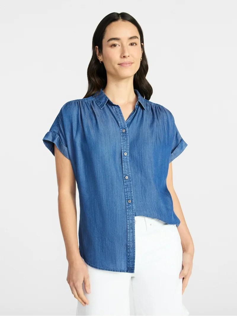 Time and Tru Women's Chambray Camp Shirt with Short Sleeves, Sizes XS-XXXL | Walmart (US)