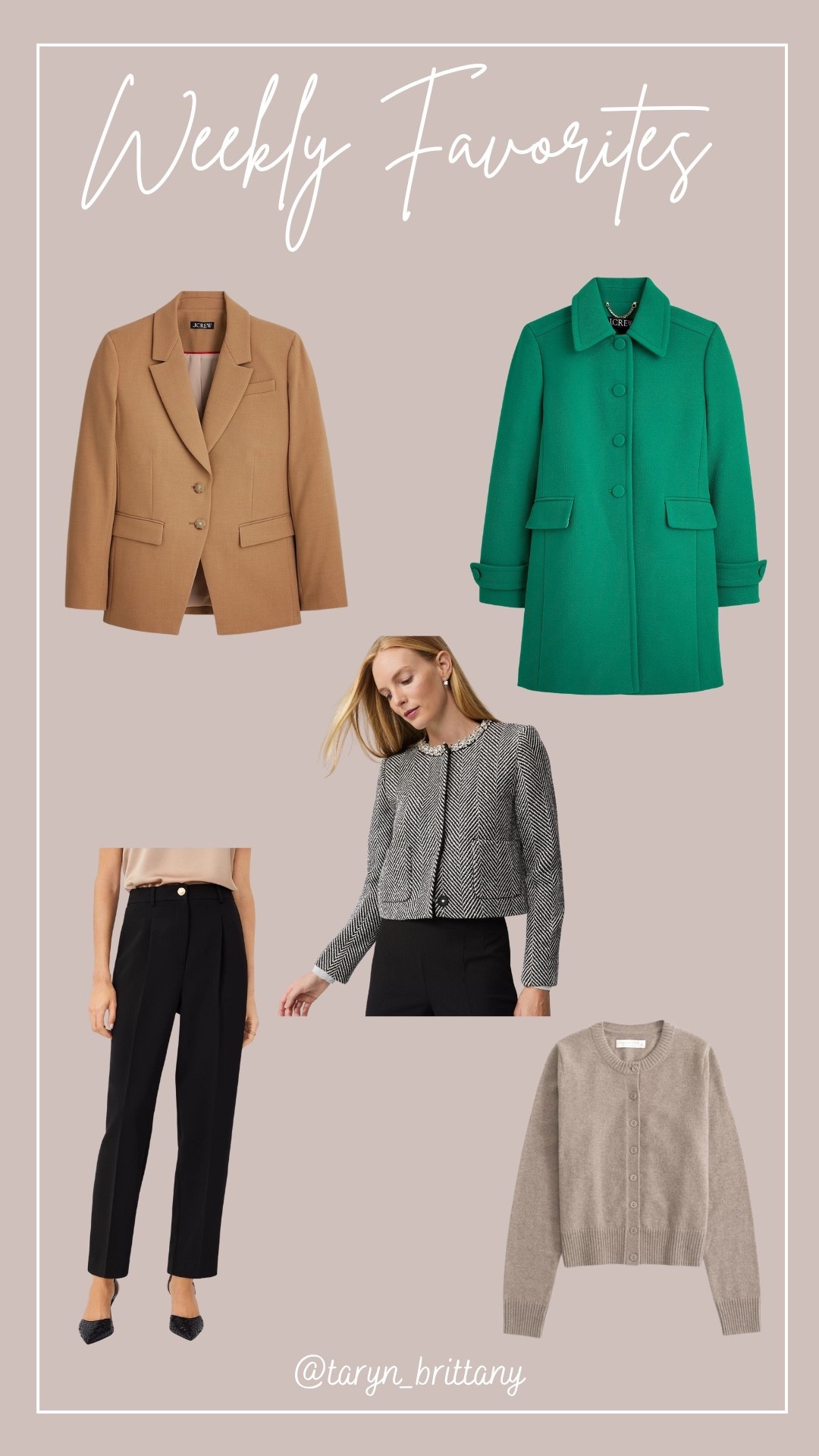 Weekly Favorites/Best Sellers 🤎💚

Camel blazer 
Green winter coat 
Tweed jacket 
Black work pants 
Cashmere cardigan sweater 

#LTKSeasonal #LTKSaleAlert #LTKWorkwear