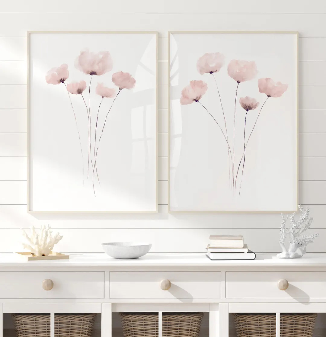 Blush Pink Poppies Set of 3 Prints – Abstract Floral Nursery Wall Art - Etsy | Etsy (US)