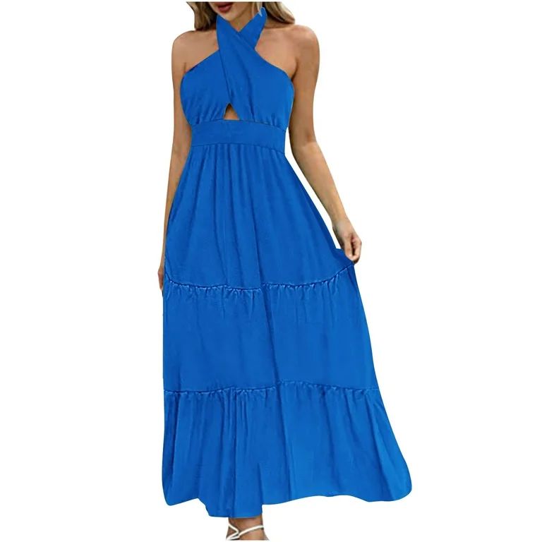 Women's Summer Maxi Dress Crossover Neck Sleeveless Cut Out Backless Flowy A Line Long Dress Soli... | Walmart (US)