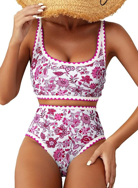 Herseas Women's Bikini Sets Floral Print Whip Stitch 2 Piece Swimsuits High Waisted Scoop Bathing... | Amazon (US)