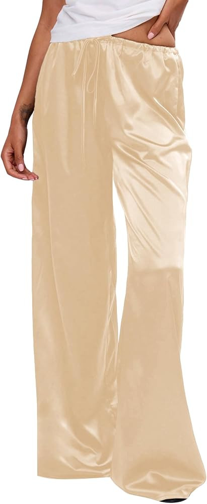 MakeMeChic Women's Summer Satin Silk Pants Casual Flowy Pants Beach Vacation Wide Leg Pants | Amazon (US)