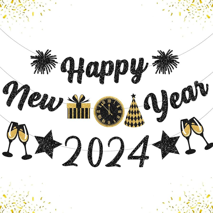 Black Gold New Years Decorations 2024 Glitter Happy New Year Banner New Years Eve Party Supplies ... | Amazon (US)