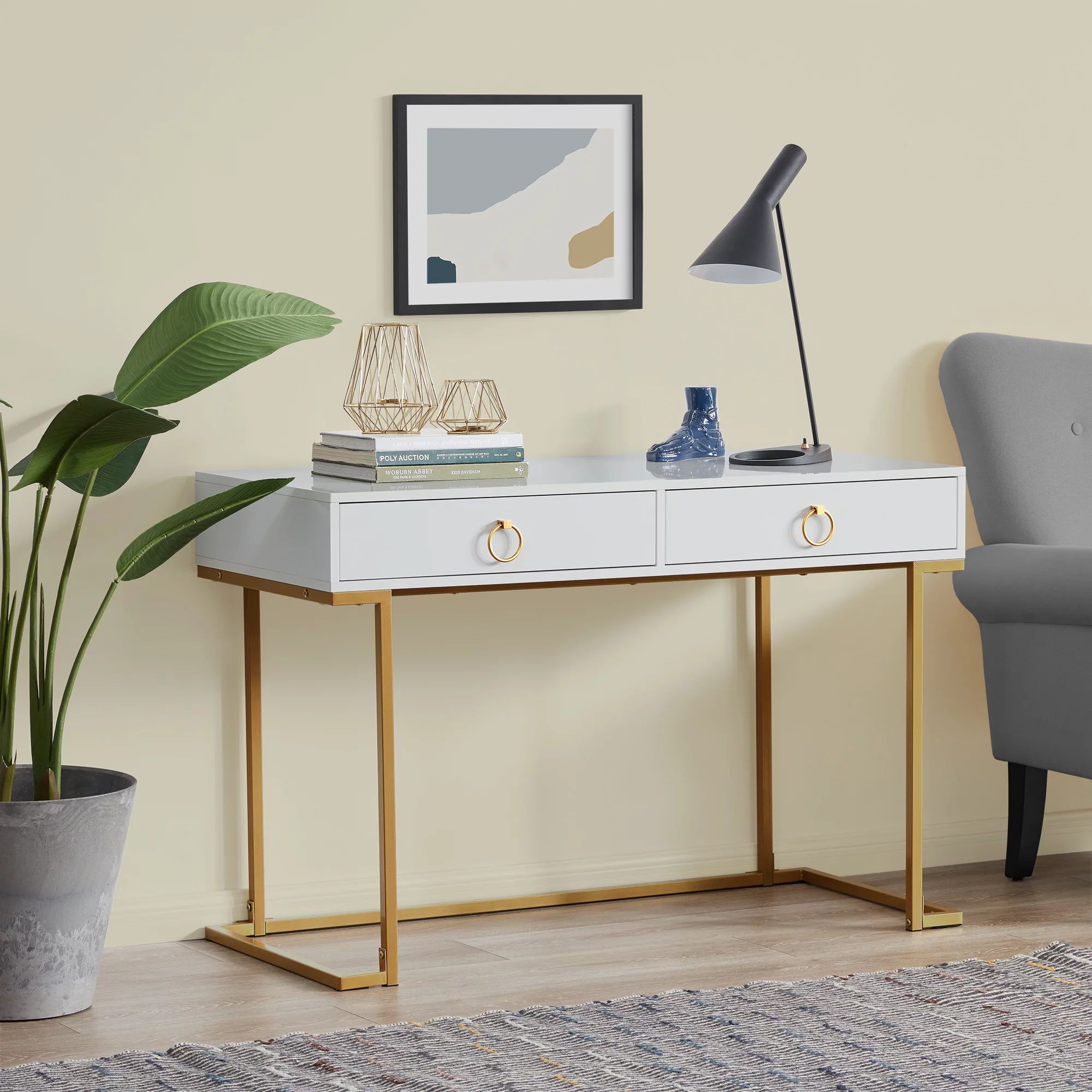 BELLEZE Home Office Two-Drawers Computer Desk Vanity Table, Wood And Metal, Gold And Black/Grey/W... | Walmart (US)