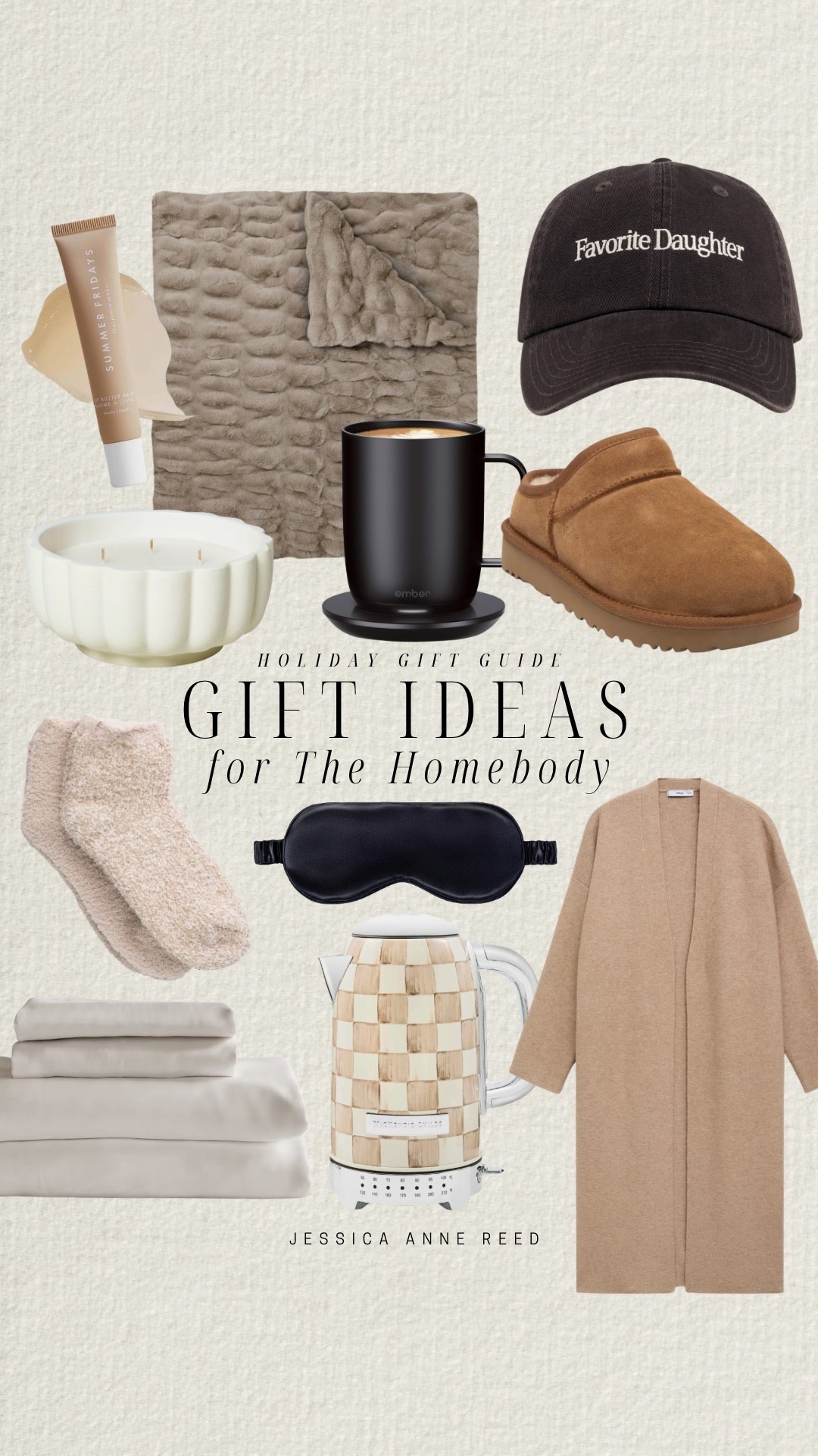 Gift guide for the homebody includes candle, slippers, ember mug, Lola blanket, hat, cardigan, kettle, sheet set, socks, and eye mask. 

Gift guide, gifts for her, gifts for the homebody

#LTKselfcare #LTKGiftGuide #LTKFindsUnder100