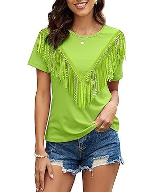 PESION Women's Fringe Trim Shirts Short Sleeve Tassel Trim Blouse T-Shirt Tops | Amazon (US)