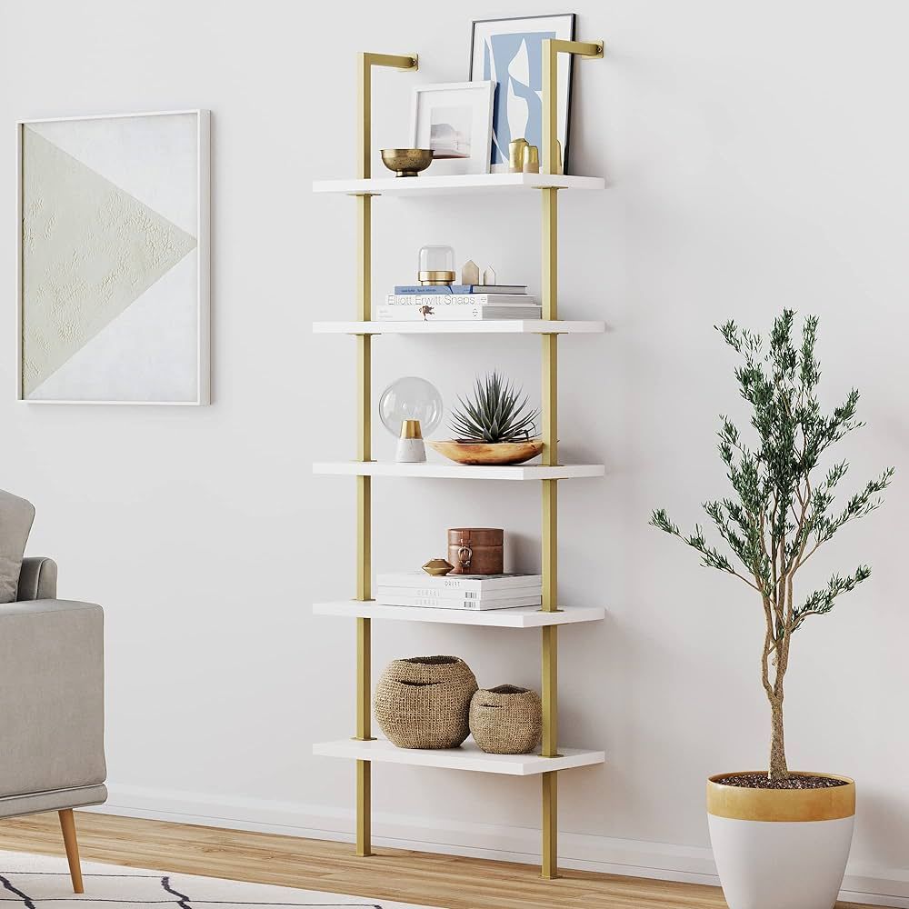 Nathan James Theo 5-Shelf Modern Bookcase, Open Wall Mount Ladder Bookshelf with Industrial Metal... | Amazon (US)