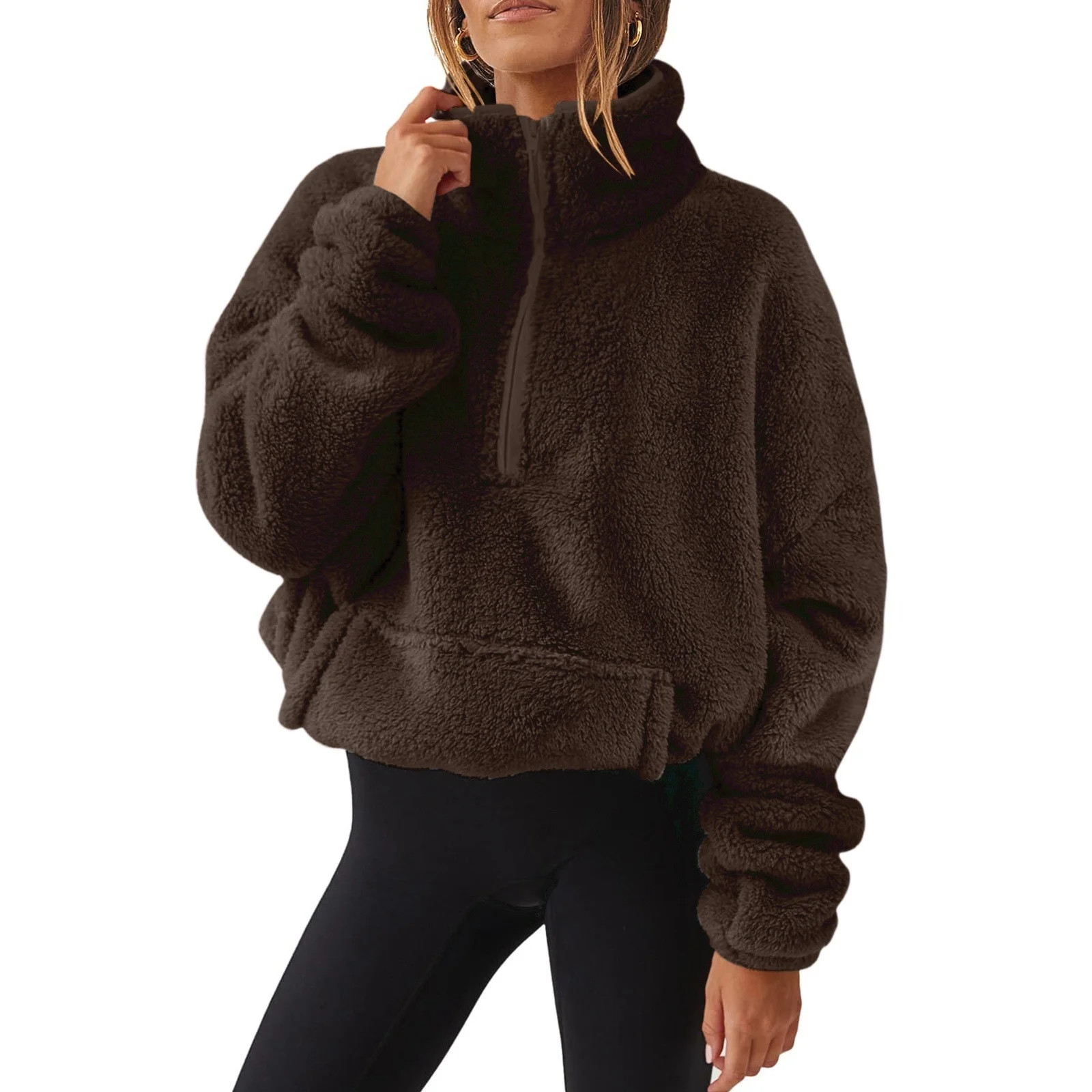 Quarter Zip Pullover Women Fuzzy Fleece Hoodie Sherpa Sweatshirt Warm Long Sleeve Tunic Sweater w... | Walmart (US)