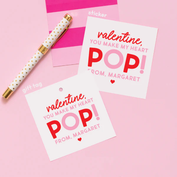 Pop It or Popcorn Valentine's Stickers or Gift Tags Pink | Joy Creative Shop