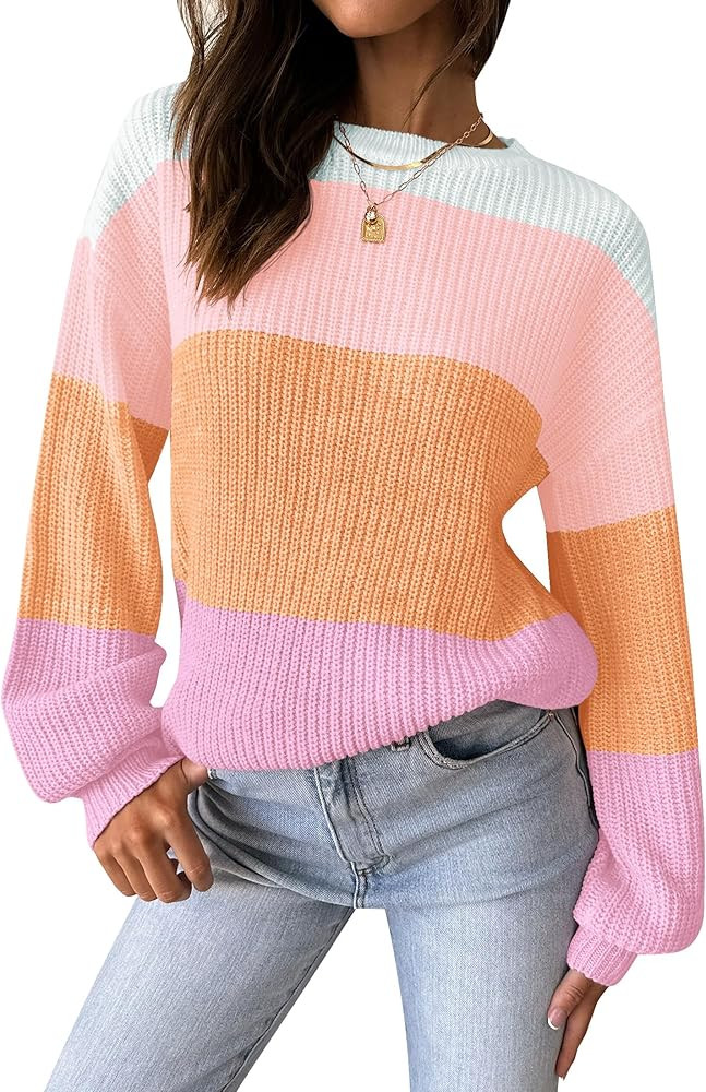 ZESICA Women's Casual Long Sleeve Crew Neck Striped Color Block Oversized Loose Fit Soft Knit Swe... | Amazon (US)