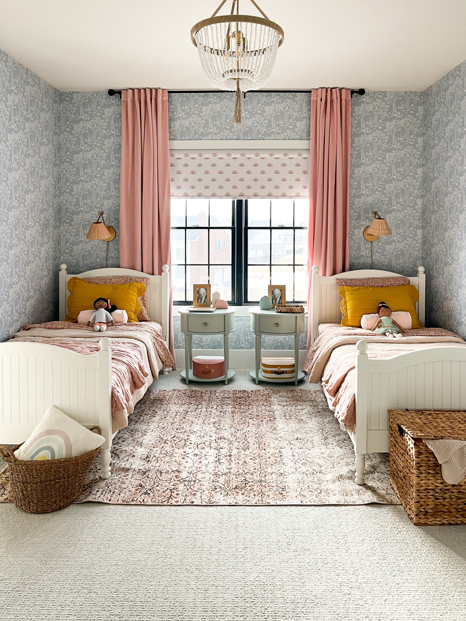 Girls’ room - bed, bedding, furniture, curtains, sconces, decor