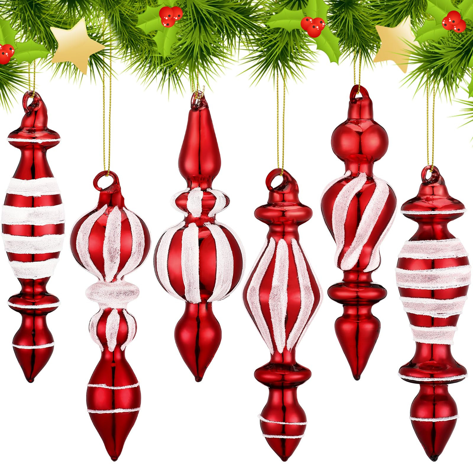 6 Pcs Red and White Glass Finial Christmas Ornaments Candy Cane Striped Glass Drop Hanging Orname... | Amazon (US)
