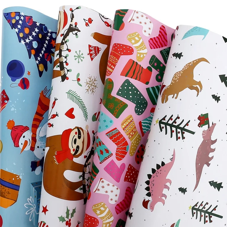 Christmas Wrapping Paper for Kids Boys Girls - 4 Style Cute Xmas Gift Wrap Paper for Baby Shower ... | Walmart (US)
