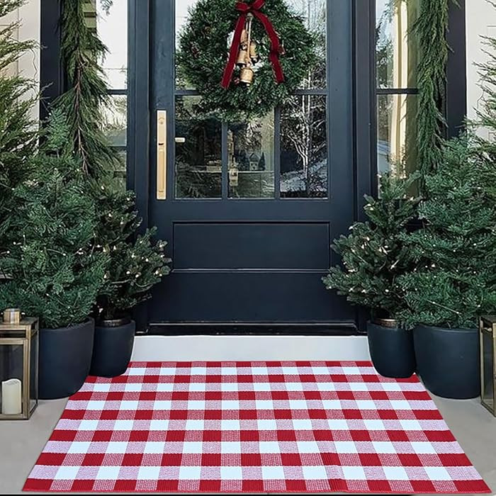Red and White Plaid Rug Christmas Outdoor Front Door Mat Cotton Hand-Woven Washable Rug for Layer... | Amazon (US)