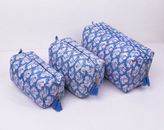 Set of 3 Makeup Bag Blue Floral Design Block Print Cotton | Etsy | Etsy (US)