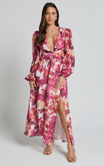 Emilee Midi Dress - Side Cut Out Long Sleeve Plunge Dress in Purple Floral | Showpo (US, UK & Europe)