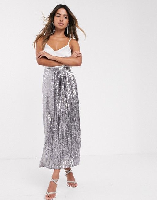 TFNC sequin double layered pleat midi skirt in silver | ASOS (Global)