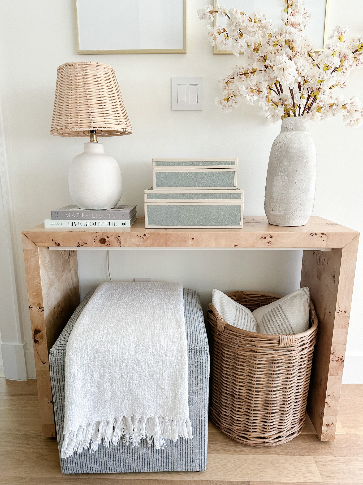 Console table styling, decor box set, shagreen box, rattan lamp, Burled wood console table, home decor, Alice lane home 