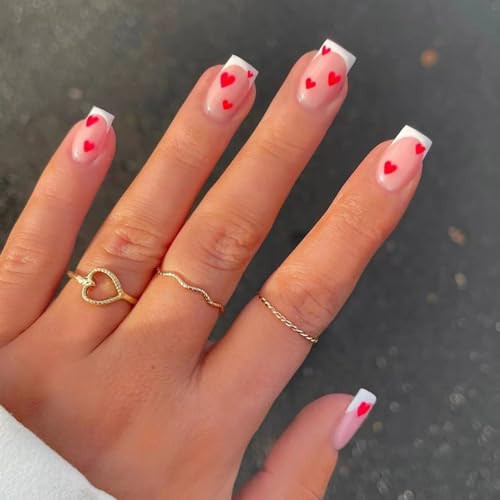 24Pcs Valentines Press on Nails Short Square Fake Nails French Tip Glue on Nails Red Heart False Nails Design Full Cover Valentines Acrylic Nail Love Stick on Artificial Nail for Women Manicure | Amazon (US)