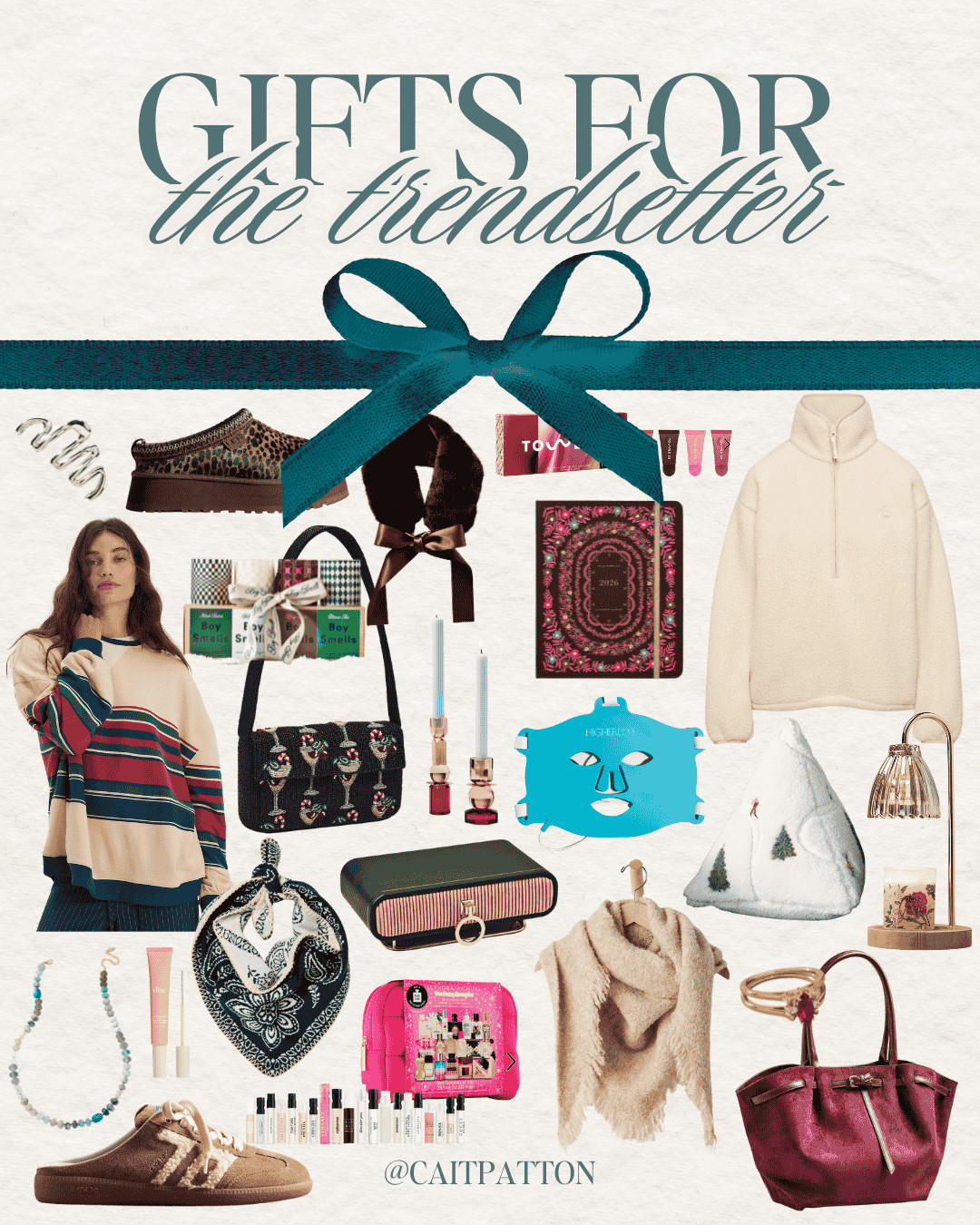Holiday gifts for the trendsetter! Trendy gift ideas, beaded bag, striped sweatshirt, fleece pullover, jewelry box, scarf, wrap, trendy purse, candle set, knit bandana, knit scarf, beaded necklace, sneaker mules, red light mask, candle warmer, candlestick holder, home gifts 

 #LTKGiftGuide #LTKHoliday #LTKStyleTip