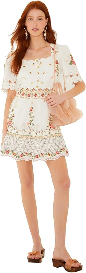 FARM Rio Off-White Flower Embroidery Scalloped Mini Dress | Amazon (US)