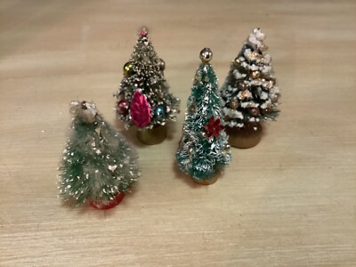 4 Vintage  Bottle Brush Trees Wood Base  Flocked Foiled Snow  | eBay | eBay US
