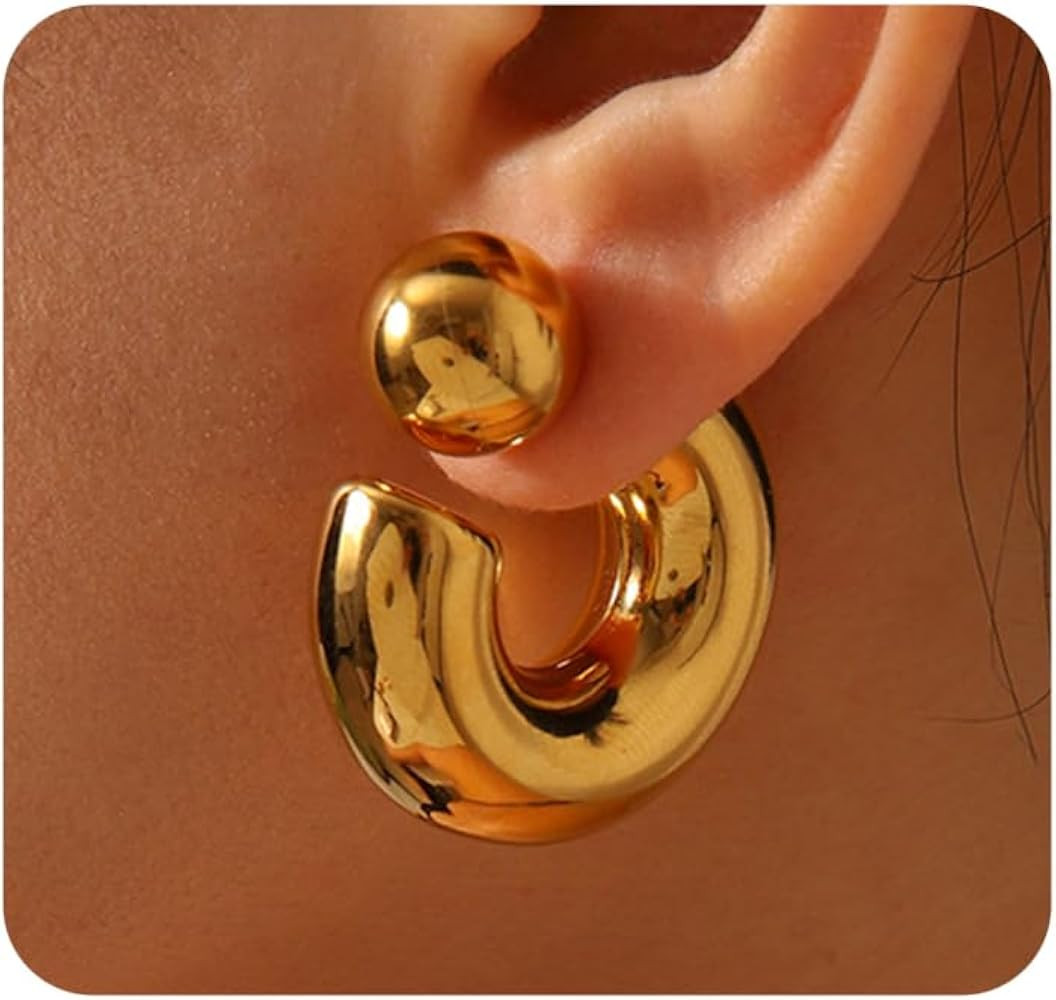 Dainty Gold Statement Earrings for Women Chunky Geometric Hoop Earring Unique Thick Open Hoop Stu... | Amazon (US)
