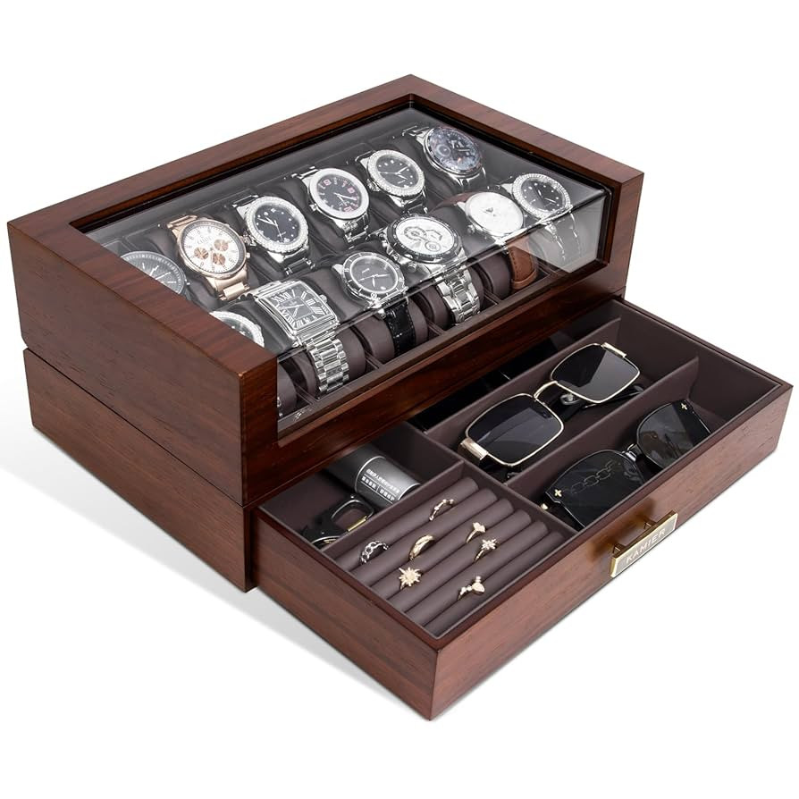 High End Watch Box for Men, 12 Slot Wooden Watch Case With Drawer, Watch Display Box with Glass L... | Amazon (US)