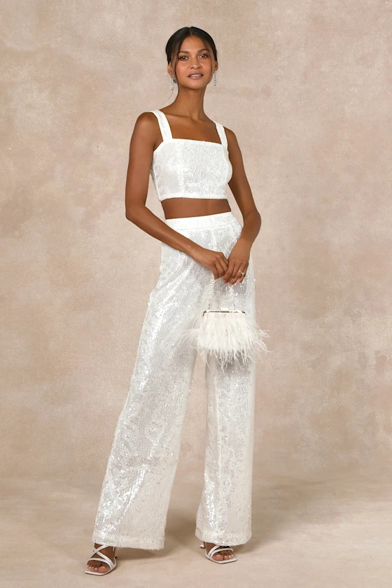 Divine Presence White Sequin Sleeveless Two-Piece Jumpsuit | Lulus