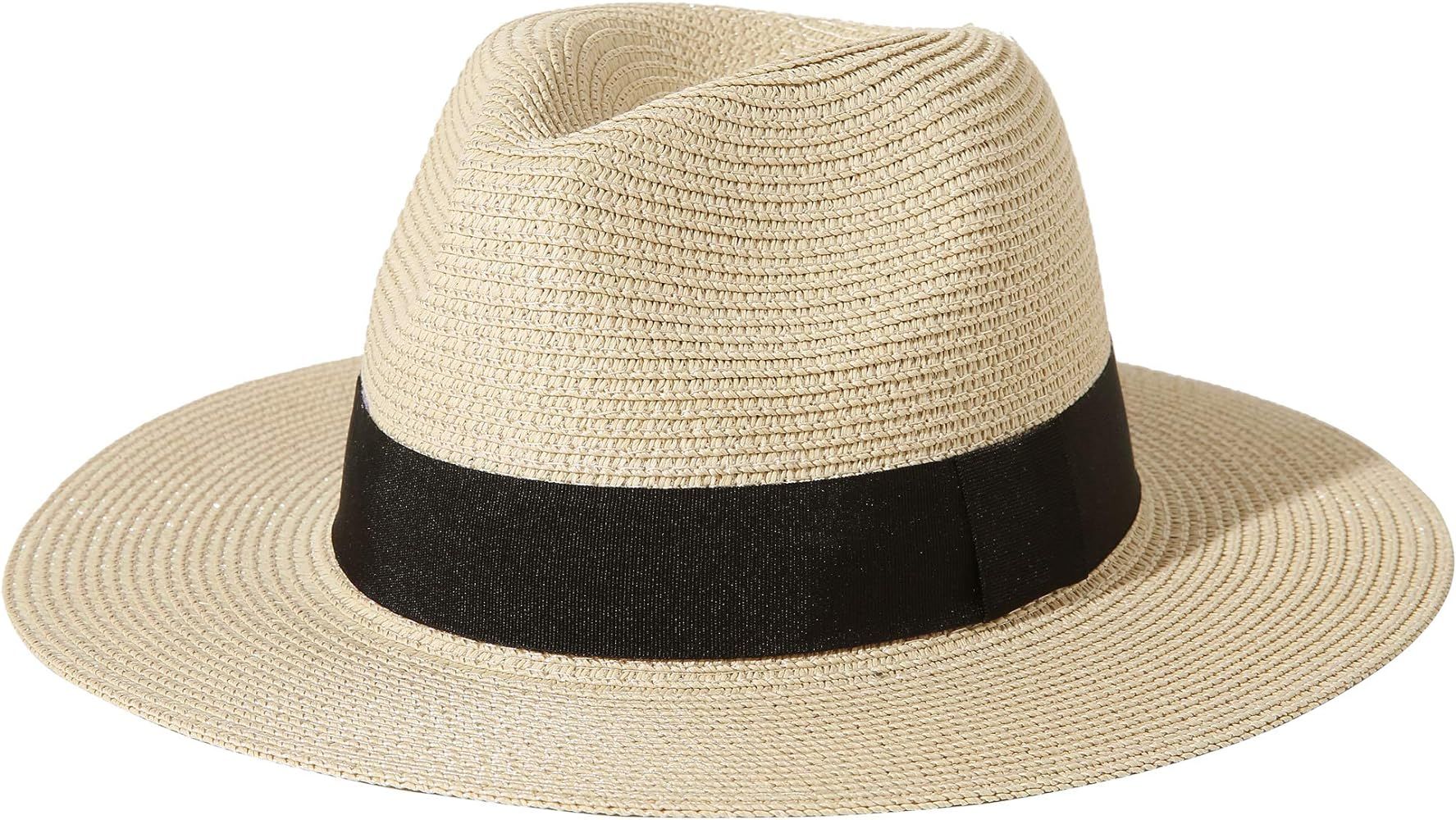 Lanzom Men Women Wide Brim Straw Foldable Roll up Hat Fedora Summer Beach Sun Hat UPF50+ | Amazon (US)