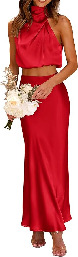PRETTYGARDEN Women's 2 Piece Satin Outfits Summer Sleeveless Mock Neck Crop Tops and Long Skirt D... | Amazon (US)