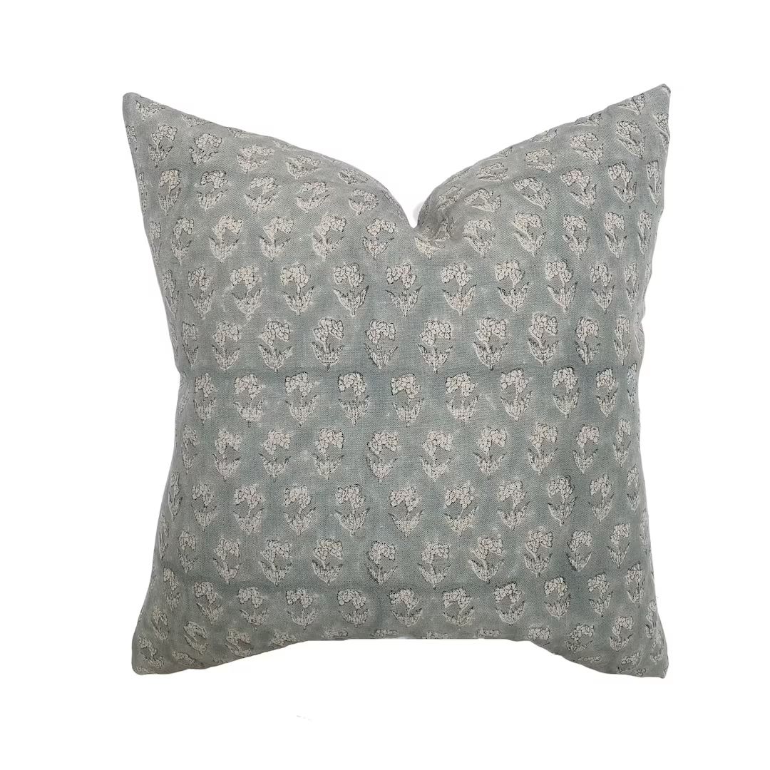 Mara Dusty Blue Floral Handblock Pillow Cover Muted Blue Designer Fabric Neutral Home Decor 18x18... | Etsy (US)