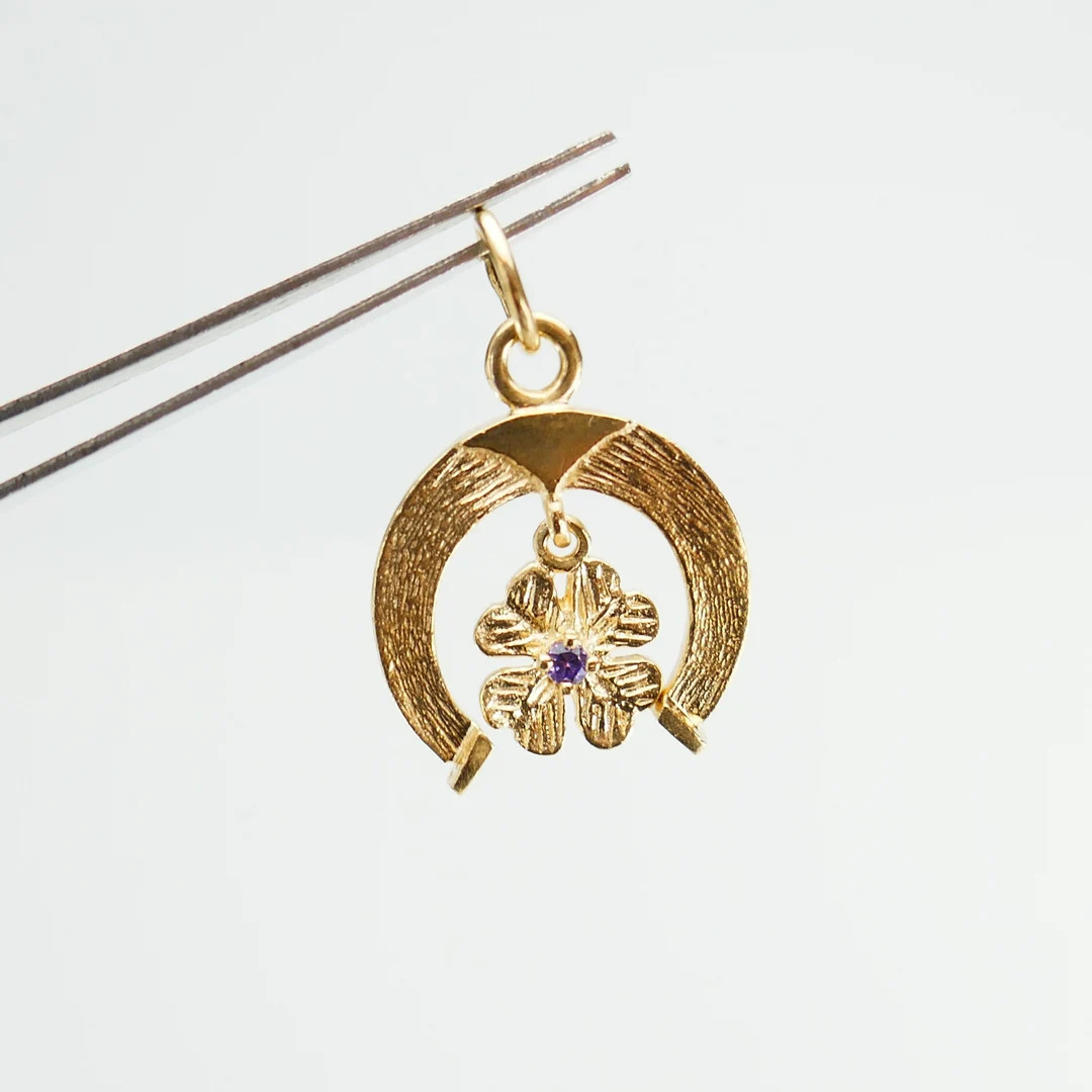Lucky 14K Yellow Gold Horseshoe Dangling Clover Pendant Charm Good Luck Symbolic Purple Stone Dou... | Etsy (US)