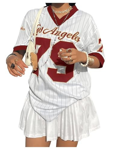 SOLY HUX Jersey Shirts for Women Y2k Oversized T Shirt Striped Number Graphic Tees V Neck Half Sleeve Streetwear Tops White and Burgundy Letter XS | Amazon (US)