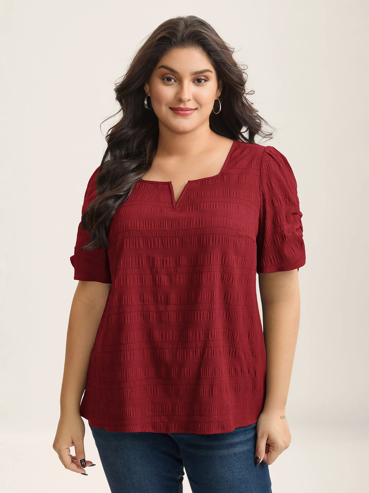 Textured Gathered Sleeve Split Neck Blouse | Bloomchic