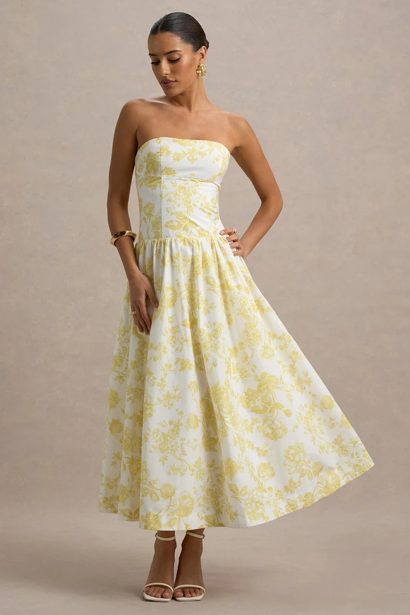 Bluebell  Lemon Porcelain Print Poplin Bandeau Drop-Waist Midi Dress | Club L London