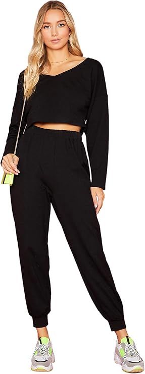 SweatyRocks Women's 2 Pieces Outfits Long Sleeve Crop Top and Sweatpants Jogger Set | Amazon (US)