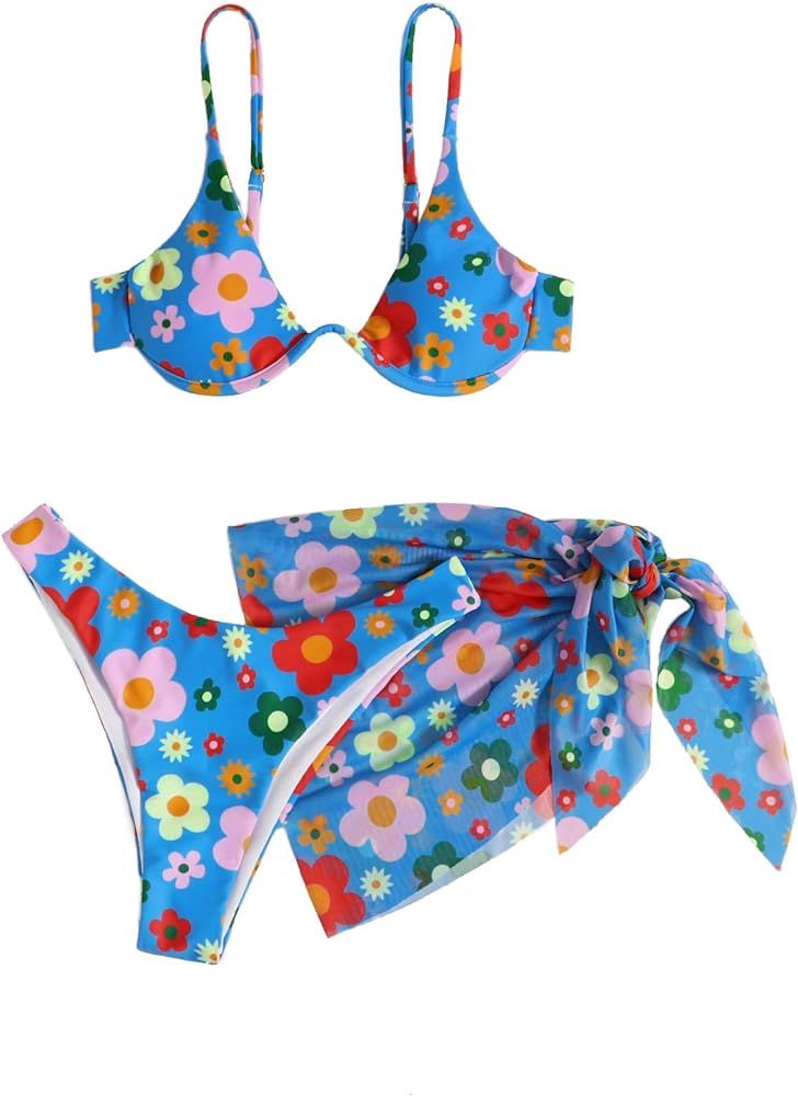 SOLY HUX Women's 3 Piece Tie Dye Bikini Set Swimsuit with Sarongs Cover Ups Beach Skirt Bathing Suit | Amazon (US)