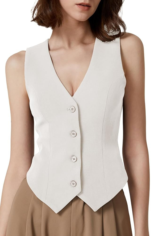 QINSEN Womens V Neck Vest Top Sleeveless Button Down Fully Lined Solid Going Out Crop Tops | Amazon (US)