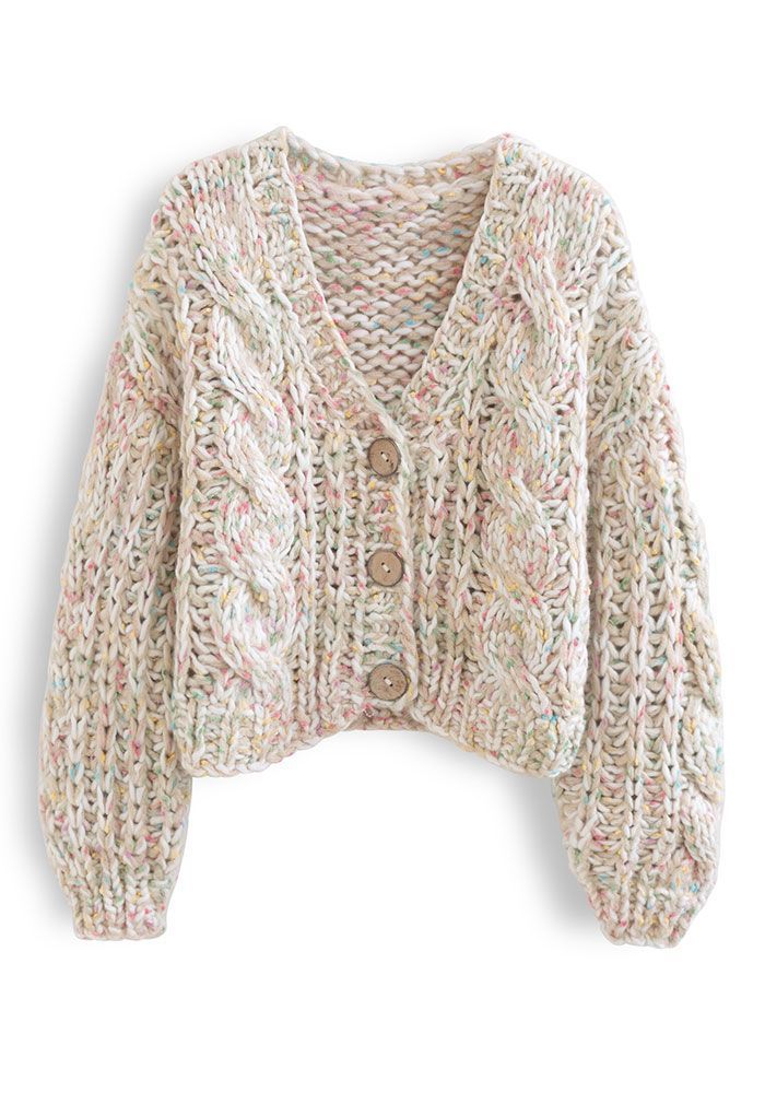 Mix-Color V-Neck Hand-Knit Chunky Cardigan | Chicwish