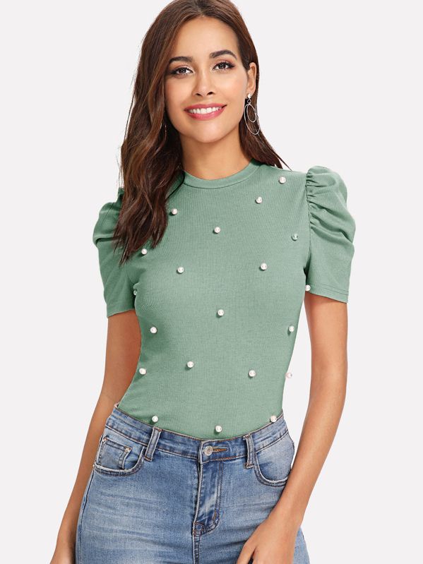 Pearls Beaded Puff Sleeve Fitted Top | SHEIN