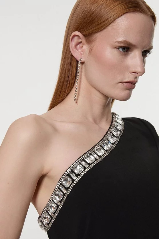 Crystal Embellished One Shoulder Woven Mini Dress | Karen Millen | Karen Millen UK + IE + DE + NL