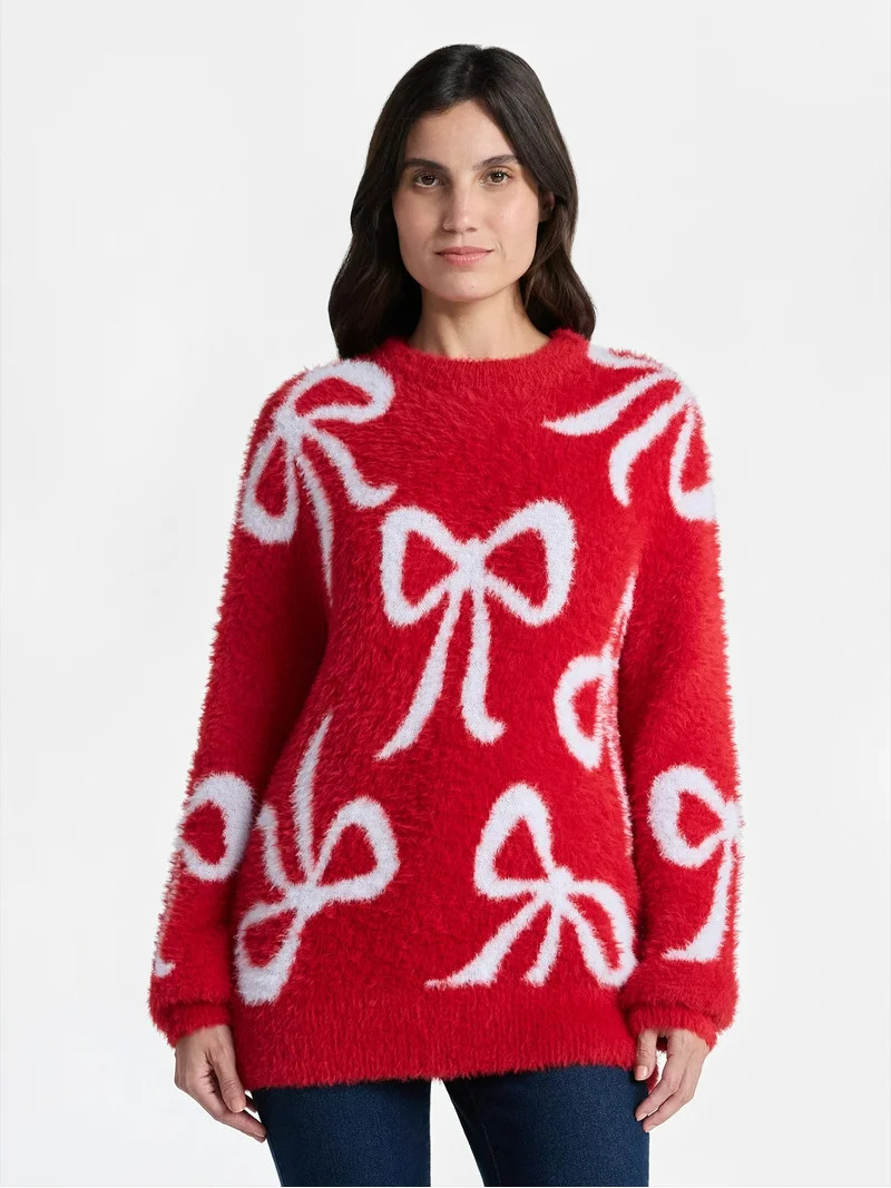 99 Jane Street Women's and Women's Plus Bow Print Pullover Sweater, Midweight, Sizes XS-4X | Walmart (US)