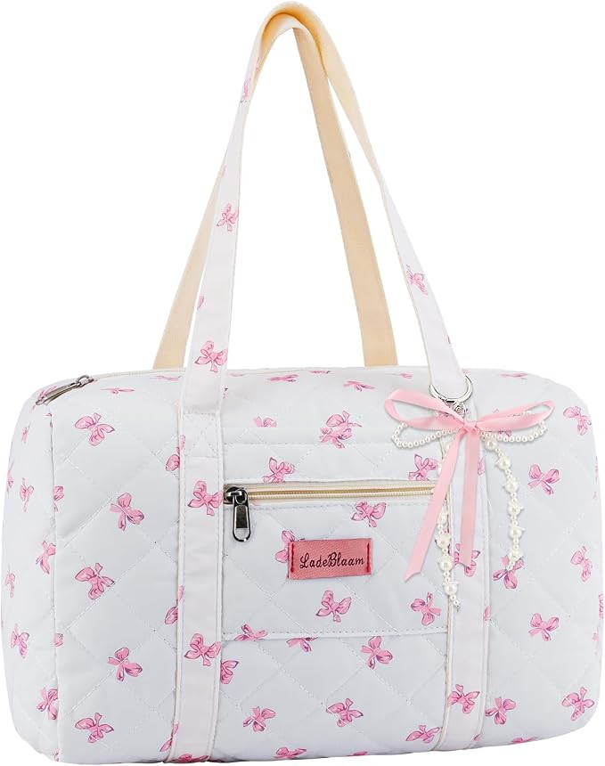 Coquette Bag with Ribbon Pearl Bow - Pink Bow Tote Bags Cute Travel Bag,Floral Quilted Duffle Bag... | Amazon (US)
